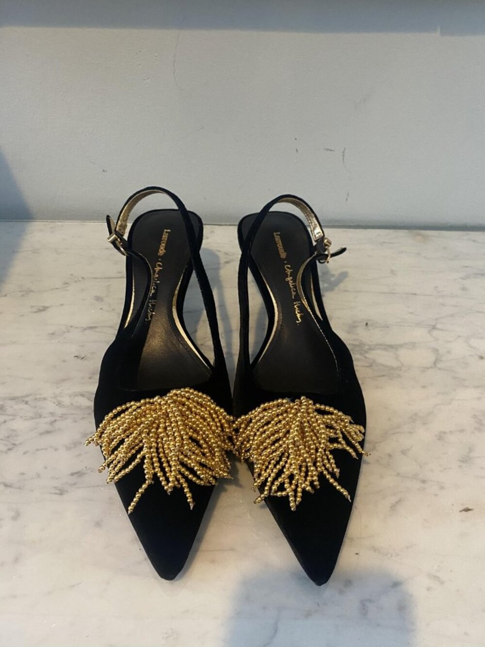 Larroude Angelica Hicks Shoes Womens Size 7.5 Black Suede Beaded Slingback Heels - Picture 3 of 6